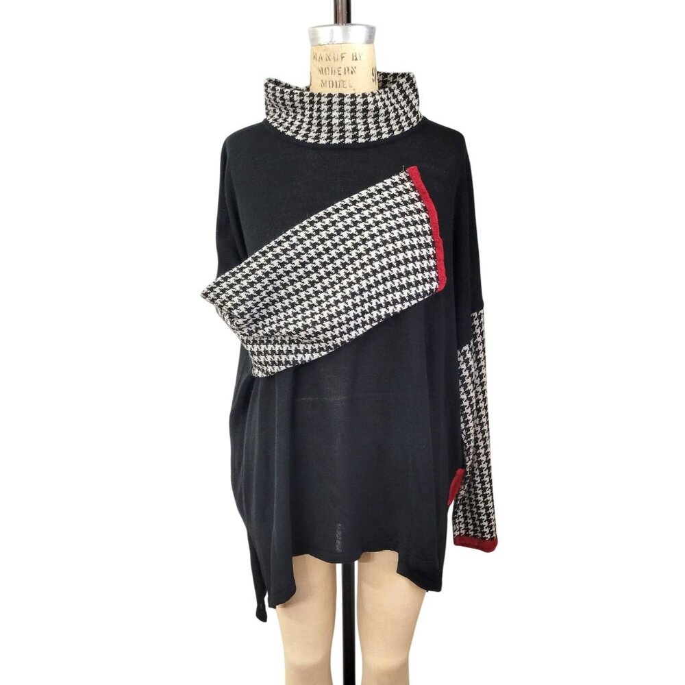 Roni Bis Black Houndstooth Color Block Mock Neck Pullover Vintage Sweater - Picture 1 of 6